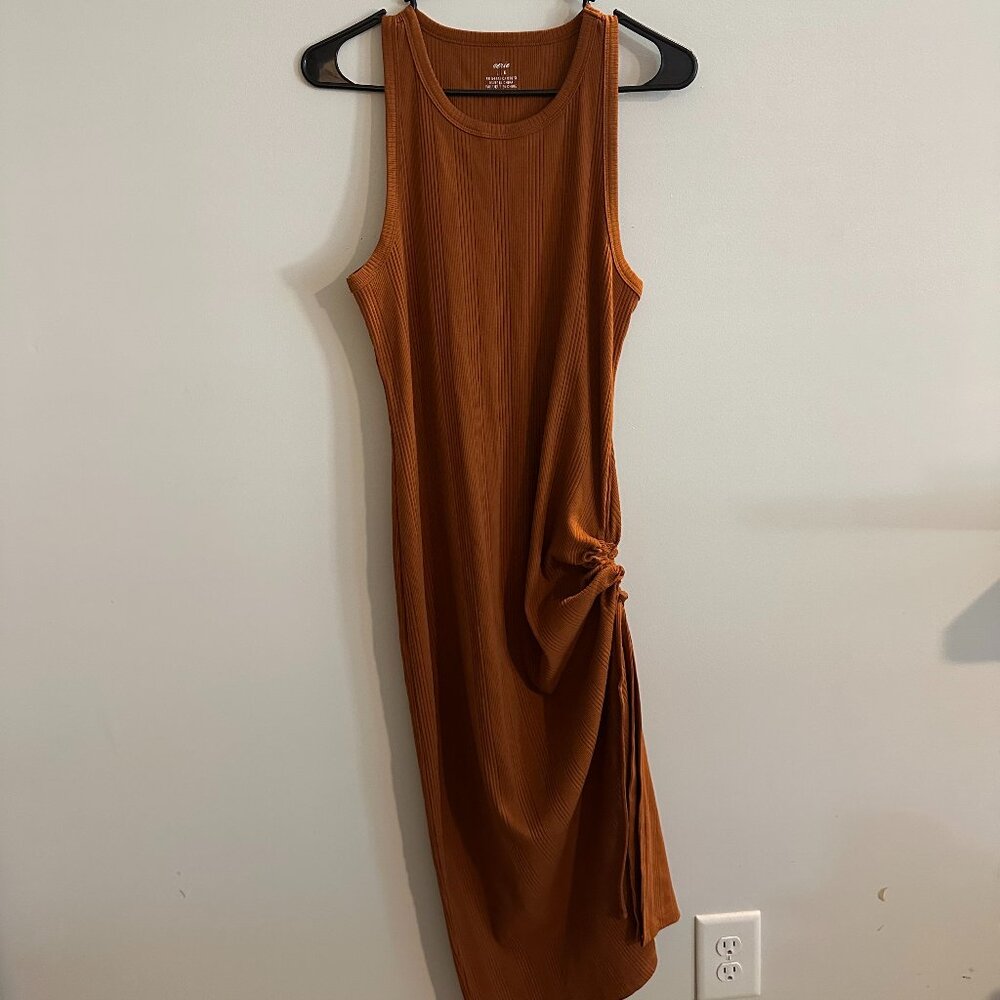 Aerie Orange Ruched Asymmetrical Midi Dress